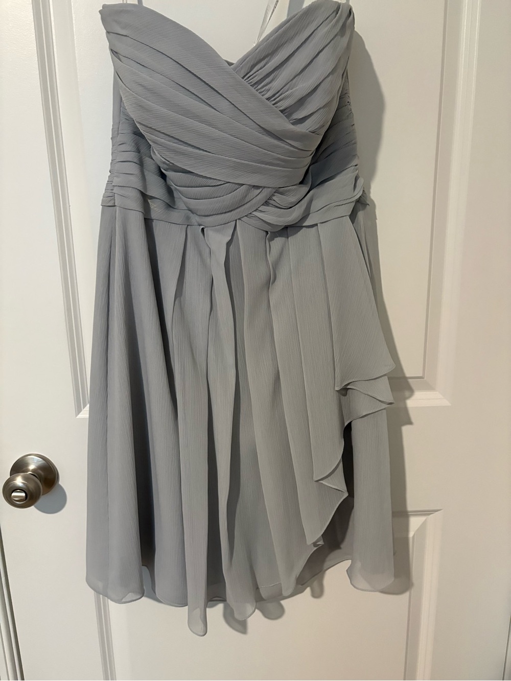 David's Bridal Strapless Pleated Chiffon Dress in Light Gray